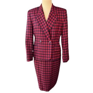 Vtg Liz Claiborne 90s  Academia Gingham Plaid Blazer Skirt Set Sz 14 Old Money